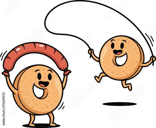 Funny cartoon donuts exercising with a sausage and jumping rope
