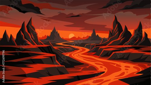 A harsh and unforgiving landscape scarred by the relentless flows of lava that have solidified into sharp jagged formations. The colors range from black to deep red.