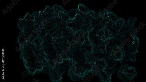 Abstract dark smoke cloud texture with glowing teal outlines on a black background. Swirling vapor-like shapes, resembling energy waves, mist, or nebula patterns.