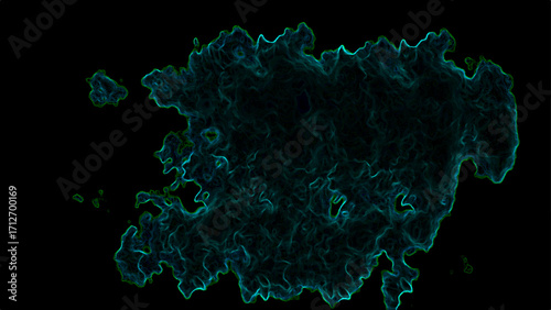 Abstract dark smoke cloud texture with glowing teal outlines on a black background. Swirling vapor-like shapes, resembling energy waves, mist, or nebula patterns.