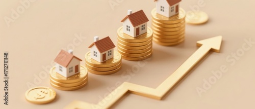 Miniature houses stacked on coins with an upward arrow, symbolizing rising property values and real estate investment growth.