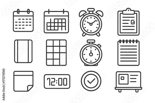 Productivity Icon Set. Line style icons of personal productivity essentials: paper calendar, wall planner, alarm clock, clipboard