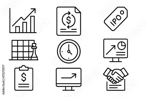 Angel Exit Scenarios Icons. Line style icons of Angel Exit ROI Scenarios: Exit multiple chart, cash-on-cash return file, IPO gain