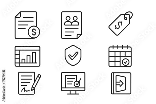 Investment Document Icons. Line style icons of Investment Documents: Term sheet file, shareholder agreement icon, equity agreement