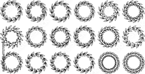 Collection of decorative hand drawn floral wreaths ideal for festive seasonal and wedding design elements