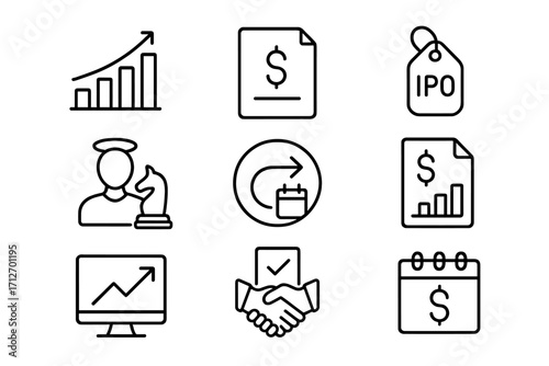 Angel Exit Scenarios Icons. Line style icons of Angel Exit ROI Scenarios: Exit multiple chart, cash-on-cash return file, IPO gain