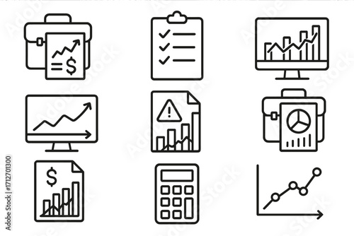 Forex Trading Icons. Line style icons of forex trading: portfolio performance icon, trade record log, transaction history graph,