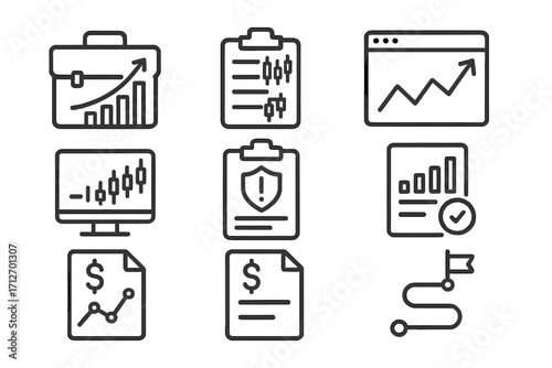 Forex Trading Icons. Line style icons of forex trading: portfolio performance icon, trade record log, transaction history graph,