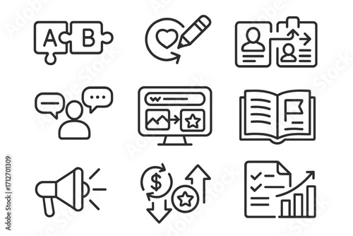 Mergers & Acquisitions Icons. Line style icons of mergers & acquisitions: brand merger icon, logo redesign, corporate identity