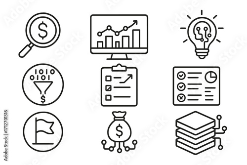 Private Equity Icons. Line style icons of private equity: investment screening tool, algorithmic analysis, AI-backed sourcing,