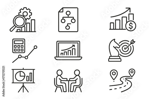 Private Equity Icons. Line style icons of private equity: industry research, deal pipeline, EBITDA analysis, IRR calculation,