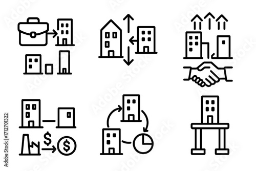 M&A Line Icons. Line style icons of mergers & acquisitions: SPAC acquisition, reverse merger icon, roll-up strategy, carve-out