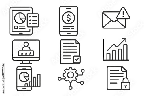 Private Equity Icons. Line style icons of private equity: digital portfolio tools, fund management app, capital call notification,