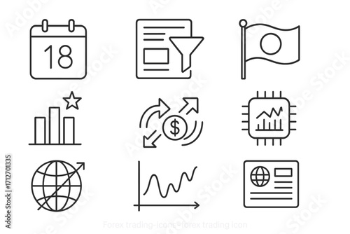 Forex Trading Symbols. Line style icons of forex trading: economic calendar date, news filter icon, country event flag, market
