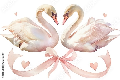 Fototapeta Naklejka Na Ścianę i Meble -  Coquette christmas swans illustration watercolor ribbon.