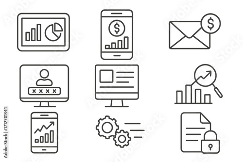 Private Equity Icons. Line style icons of private equity: digital portfolio tools, fund management app, capital call notification,