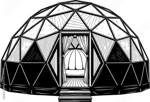 Geodesic dome structure with open entrance and visible interior detail offering shelter and architectural design concept