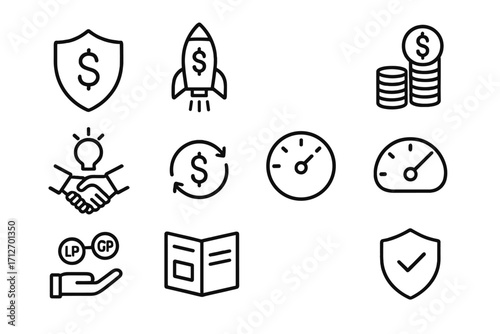 Private Equity Icons. Line style icons of private equity: private equity fund logo, fund launch icon, investor capital stack,