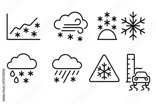 Meteorology Line Icons. Line style icons of meteorology: snowfall chart, blizzard symbol, snow accumulation, ice crystal, freezing