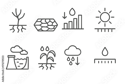 Meteorology Icons. Line style icons of meteorology: drought icon, cracked soil, water shortage graph, dry season timeline,