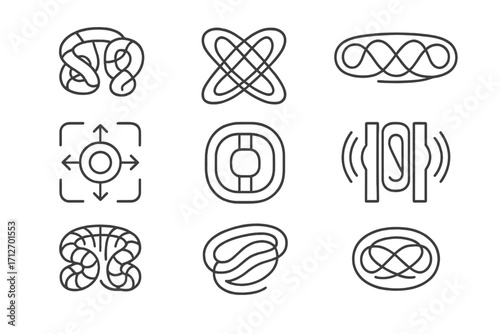 Fusion Reactor Icons. Line style icons of nuclear fusion: stellarator icon, twisted magnetic field, helical chamber, field