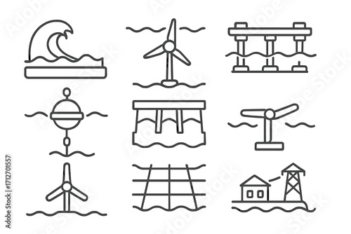 Line Style Renewable Icons. Line style icons of renewable energy: ocean wave energy, tidal turbine, wave generator platform, buoy