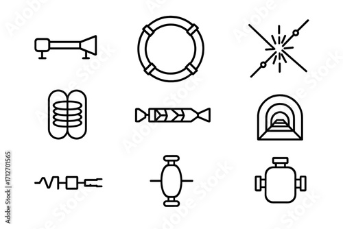 Particle Physics Icons. Line style icons of particle physics: particle accelerator, synchrotron ring, collider icon, magnetic