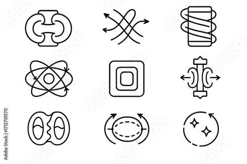 Fusion Reactor Icons. Line style icons of nuclear fusion: stellarator icon, twisted magnetic field, helical chamber, field