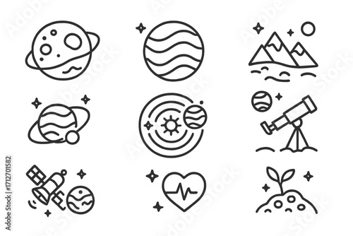 Space Exploration Icons. Line style icons of space exploration: alien planet, exoplanet atmosphere, new world terrain, distant