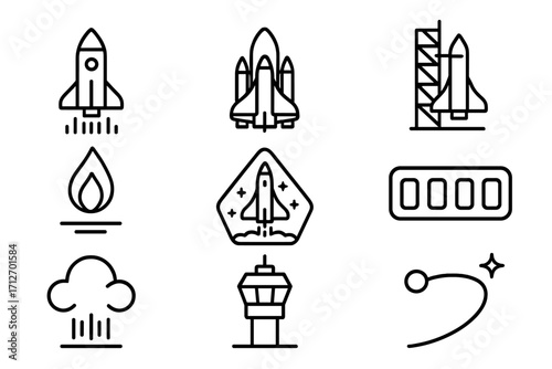 Space Exploration Icons. Line style icons of space exploration: rocket launch, space shuttle icon, launch pad, ignition flame,