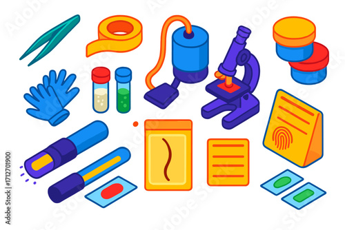 Trace Evidence Tools. Isometric vector illustration set Trace evidence tools: tweezers, fiber collection tape, vacuum kit, sample