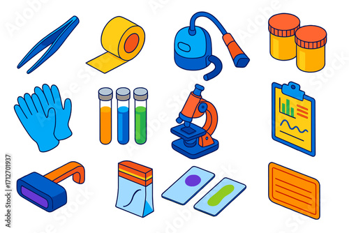 Trace Evidence Tools. Isometric vector illustration set Trace evidence tools: tweezers, fiber collection tape, vacuum kit, sample