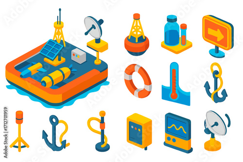 Floating Lab Platform Icons. Isometric vector illustration set Floating lab platform: aquatic robot, buoy radar, research bottles,