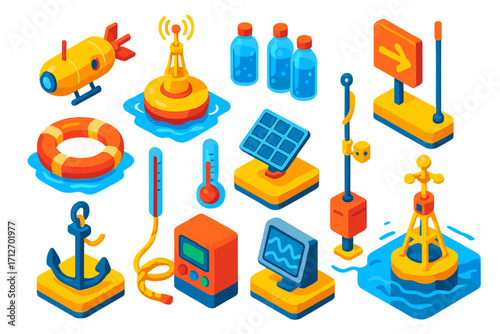 Floating Lab Platform Icons. Isometric vector illustration set Floating lab platform: aquatic robot, buoy radar, research bottles,