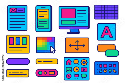 Isometric Design Elements. Isometric vector illustration set UX/UI design elements: wireframe template, mobile mockup, desktop