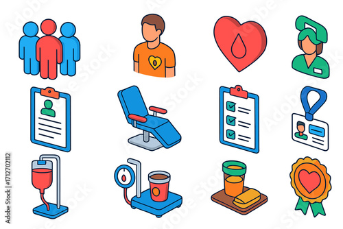 Blood Donation Icons. Isometric vector illustration set Voluntary blood donor program: group of donors icon, volunteer staff,