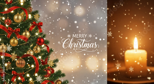 Christmas card with decorated tree, candles and Merry Christmas lettering among snowflakes