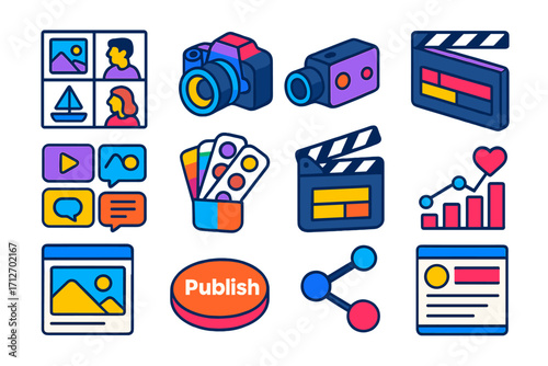 Bold Visual Storytelling Icons. Isometric vector illustration set Visual storytelling: storyboard frames, photo camera, video