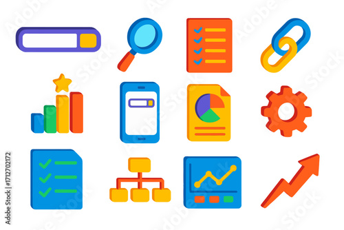 SEO Tools Icons. Isometric vector illustration set SEO optimization: search bar, magnifying glass, keyword list, backlink icon,