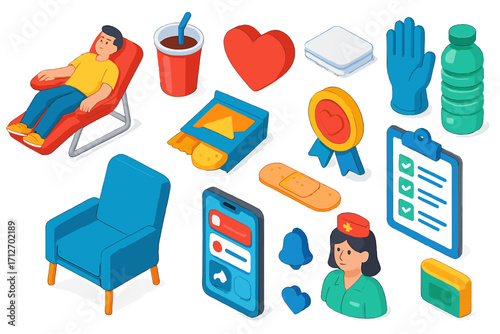 Post-Donation Care Set. Isometric vector illustration set Post-donation care: donor resting, juice cup, snack pack, cotton pad,
