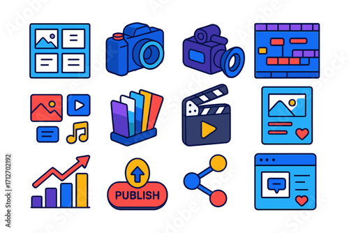 Bold Visual Storytelling Icons. Isometric vector illustration set Visual storytelling: storyboard frames, photo camera, video