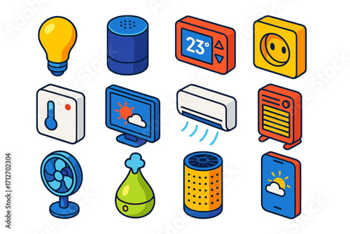 Smart Home Icons. Isometric vector illustration set Climate control technology: light bulb, voice assistant, thermostat, outlet,
