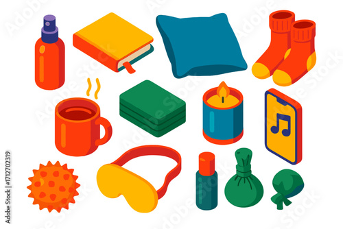 Stress Relief Essentials. Isometric vector illustration set Stress relief kit: aromatherapy spray, journal, soft pillow, cozy