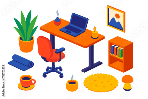 Zen Office Setup. Isometric vector illustration set Zen office corner: standing desk, laptop, potted plant, essential oil diffuser