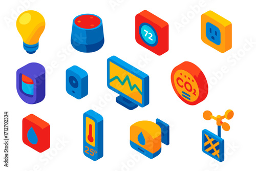 Smart Home Icons. Isometric vector illustration set Smart environment monitor: bulb, assistant, thermostat, outlet, sensor,