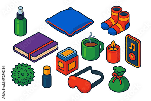 Stress Relief Essentials. Isometric vector illustration set Stress relief kit: aromatherapy spray, journal, soft pillow, cozy
