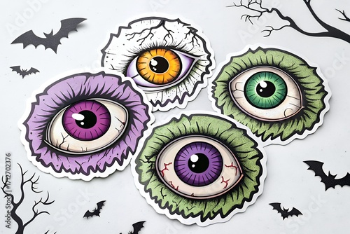 Spooky halloween eyeball stickers with bats and bare trees