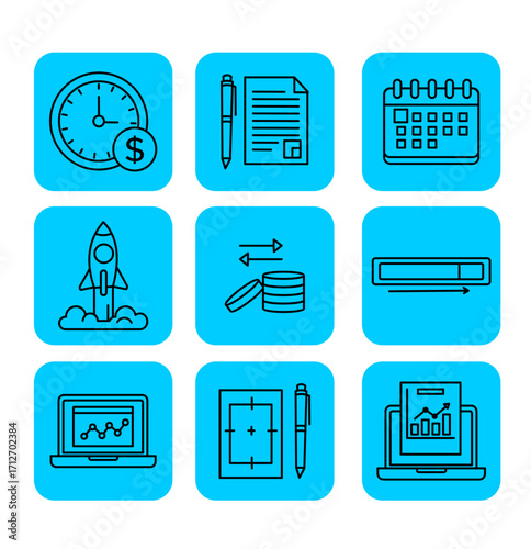 Business growth and startup success icons rocket launch, financial planning, calendar, progress bar, and analytics
