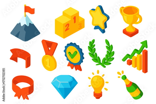 Goal Achievement Icons. Isometric vector illustration set Goal achievement: mountain peak with flag, podium, gold medal, star