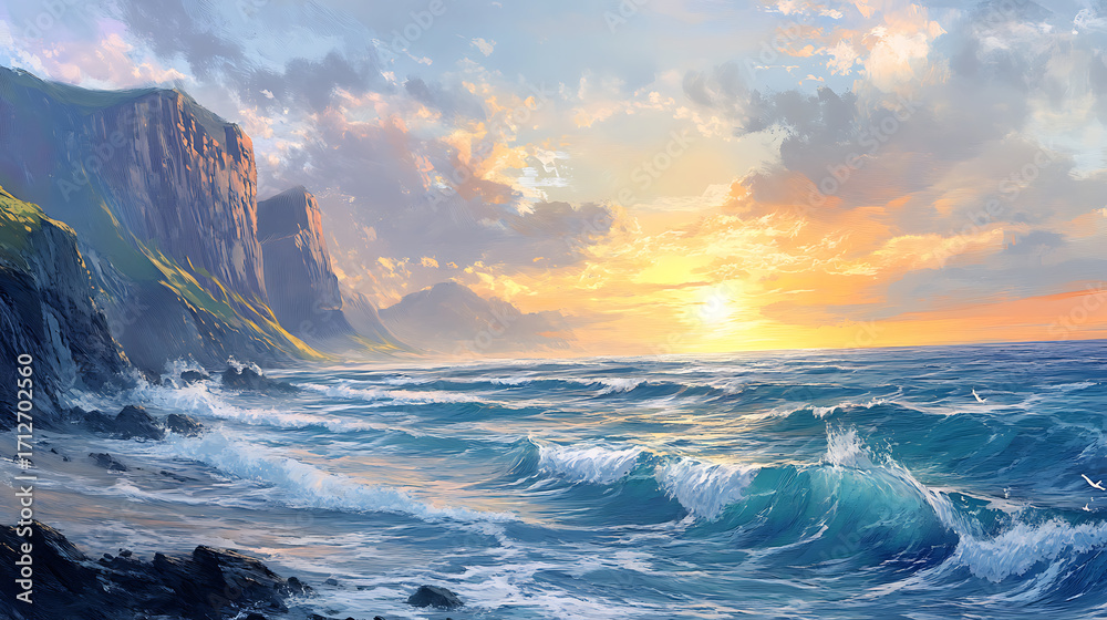 Fototapeta premium Sunset over coastal cliffs with ocean waves crashing beautifully high resolution picture